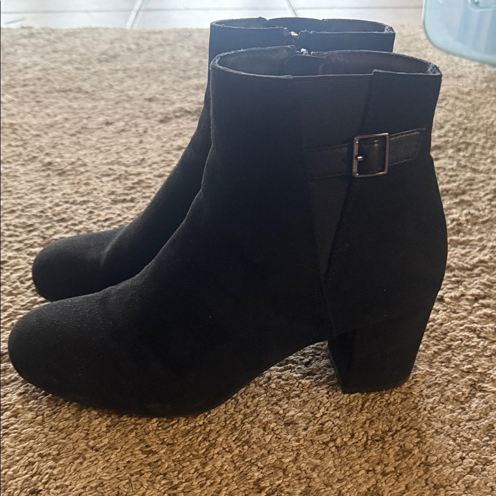 Black Suede Block Heel Ankle Booties with Side Buckle